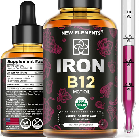Liquid Iron Supplement for Women & Men with Vitamin B12 5000mcg - Free Blood Builder for Anemia - Liquid Vitamin B12 Drops for Adults with MCT Oil...