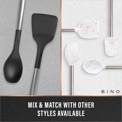 BINO 2-Piece Wooden Handle Silicone Mixing Spoons & Spatulas Set - Black | Heat Resistant Kitchen Utensils for Nonstick Cookware | BPA Free | Cook...