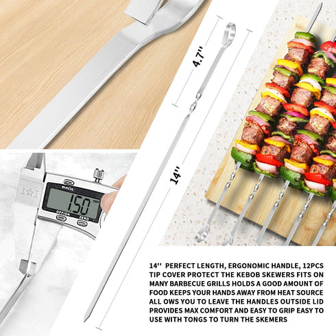 Kabob Skewers 14" Stainless Steel Long BBQ Barbecue Skewers, Flat Metal Kebob Sticks Wide Reusable Grilling Skewers for Meat Chicken, Set of 12pcs...