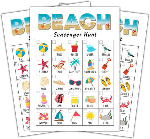 Beach Scavenger Treasure Hunt Games Cards for Kids and Family, School Classroom Outdoor Scavenger Hunts, Summer Family Holiday Party Games, Find a...