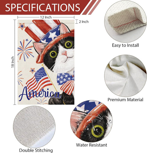 4th of July Patriotic Black Cat Garden Flag 12x18 Inch Double Sided, America Independence Day Flag Memorial Day Firework Yard Banner for Outdoor H...