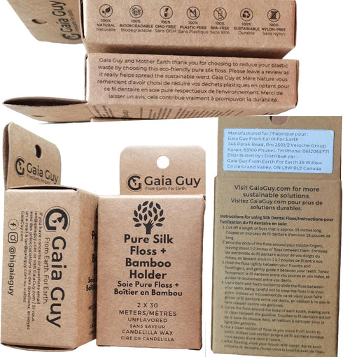 Gaia Guy Natural Unflavored Silk Dental Floss with Floss Refill & Reusable Bamboo Holder | 2 x 33yds Compostable Pure Silk Waxed with Candelilla W...