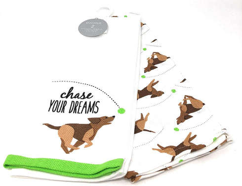 ENVOGUE CHASE YOUR DREAMS DOG RUNNING AFTER BALL 2-PK Kitchen Towel Set | 100% Cotton...