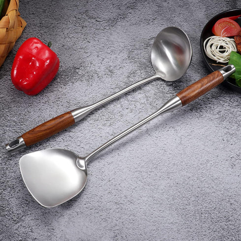 Wok Spatula & Ladle Tool Set, AOOSY 18/10 Stainless Steel Cooking Utensils, Wooden Handle Wok Utensils Soup Ladle 15 inches Set of 2...