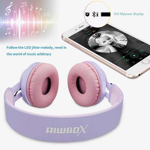 Riwbox WT-7S Kids Bluetooth Headphones Light Up, Foldable Stero Wireless Headset with Microphone and Volume Control for PC/Tablet/TV/Travel (Purpl...