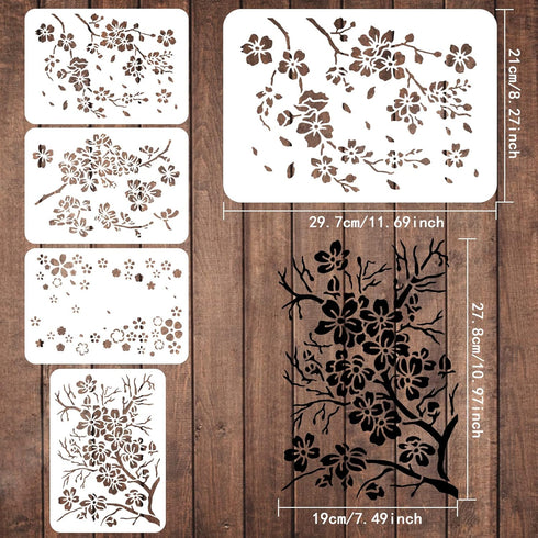 FINGERINSPIRE 4 Pcs Cherry Blossoms Stencils 11.7x8.3 inch Cherry Blossom Branch Stencils Plastic Floral Flower Pattern Stencils Sets DIY Home Dec...
