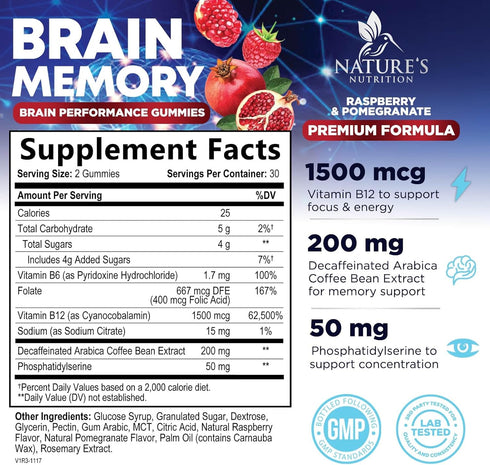 Brain Supplement Gummies for Concentration Memory & Focus Support - Brain Clarity Health with B6 B12, Phosphatidylserine, Coffee Extract, Nootropi...