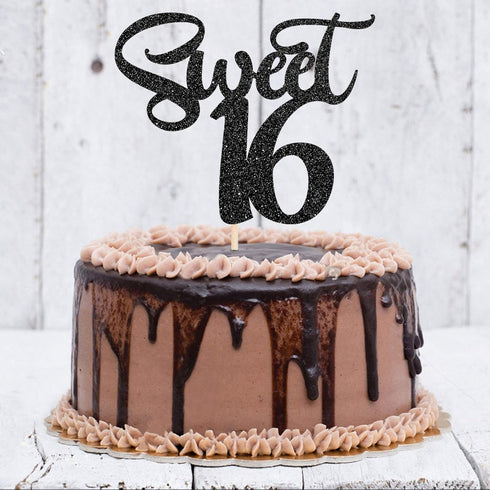 Black Glitter Sweet 16 Cake Topper - Happy 16th Birthday Cake Topper Decor - Cheers to 16 Years - 16th Wedding Anniversary Party Supplies...
