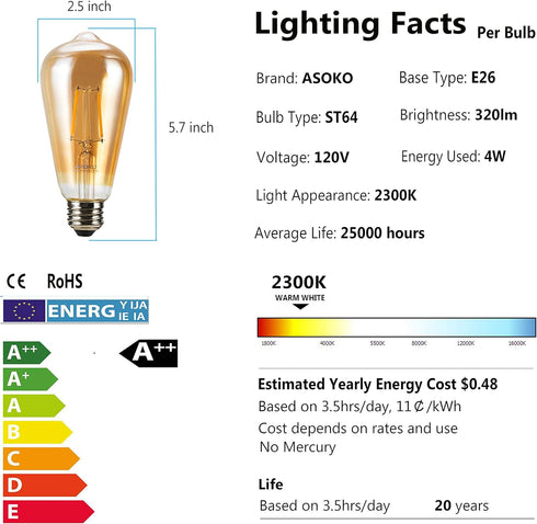 ASOKO 4-Pack LED Dimmable Edison Light Bulbs 40W Equivalent Vintage Light Bulb, 2200K-2400K Warm White (Amber Glass), Antique LED Edison Bulbs, ST...