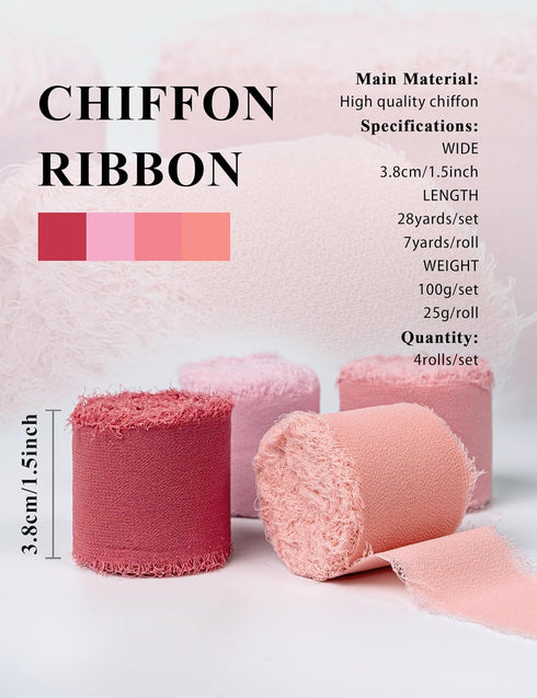 Chiffon Ribbon, Pink Party Decoration, Handmade Frayed Fringe Sheer Silk Ribbons for Gift Wrapping, Floral Vase Decoration, Graduation, Birthday, ...