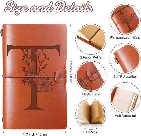 Initial Leather Travel Journal Monogrammed Notebook Appreciation Gifts Refillable Personalized Diary Writing Notepad for Women Graduation Birthday...