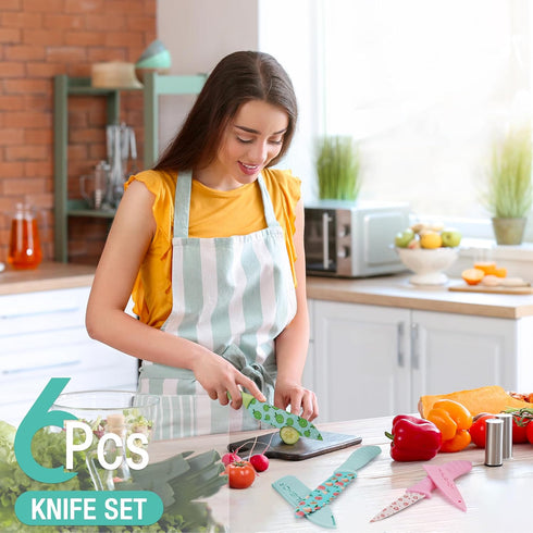 HAUSHOF Kitchen Knife Set, 12-Piece Colorful Knives Set with 6 Sheaths, Non-Stick Coated Stainless Steel Fruit Pattern Blades for Slicing, Dicing&...