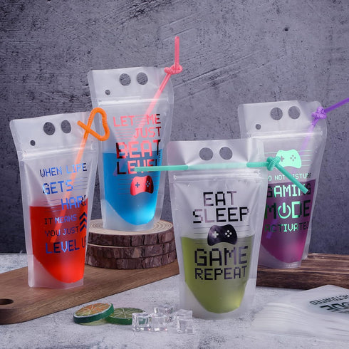 Video Game Party Favors Drink Pouch Cups with Straws Plastic Drink Pouches Clear Zipper Bags Reusable Drink Pouches for Birthday Party Decor Gamer...