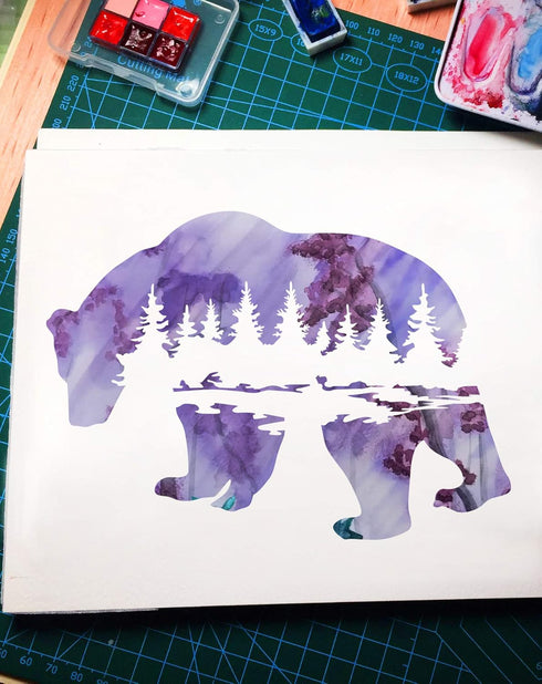 GSS Designs Mountain Forest Bear Stencil (2 Pack) - Reusable Stencil for Walls (12x12Inch) - Art Painting for Wall Canvas Furniture Cards Decor (S...