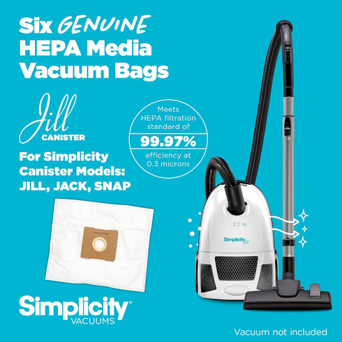 Simplicity Vacuums SZH-6 Jill Canister Vacuum Replacement Bags with Certified Hepa Media, Fits with Simplicity Jill, Jack, and Snap Bagged Vacuum ...
