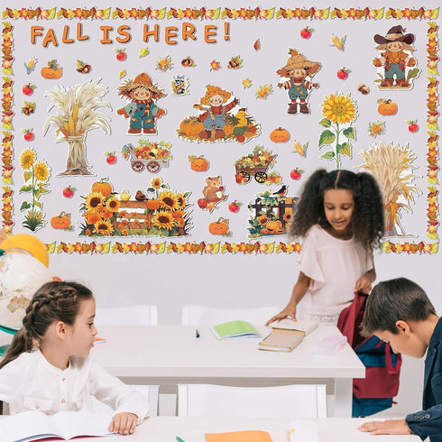 165 Pcs Fall Bulletin Board Decor Sets Harvest Thanksgiving Classroom Bulletin Board Maple Leaves Borders Corn Haystack Scarecrows Fence Cutouts f...