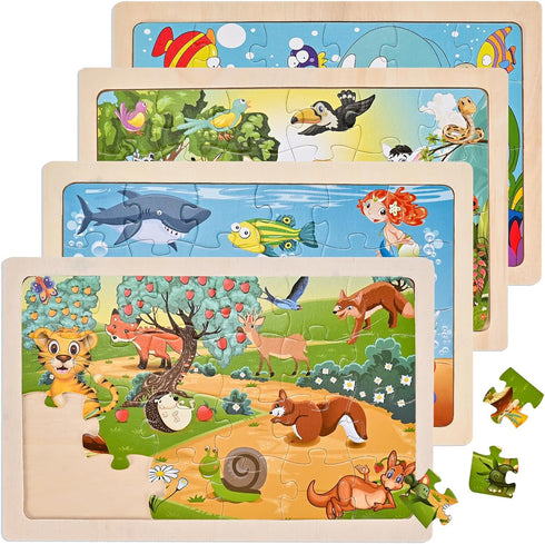 Wooden Puzzles for Kids Ages 3 4 5, 4 Packs 24 PCs, Sea and Animal Puzzles for Toddlers, Toddlers Jigsaw Puzzles, Preschool Educational Learning T...