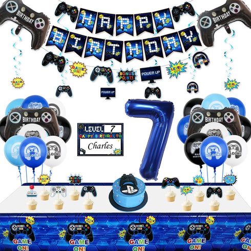 Video Game Party Decorations - 7th Birthday Decorations for Boys, HAPPY BIRTHDAY Banner, Video Game Balloons, Number 7 Blue Balloons, Gaming Hangi...
