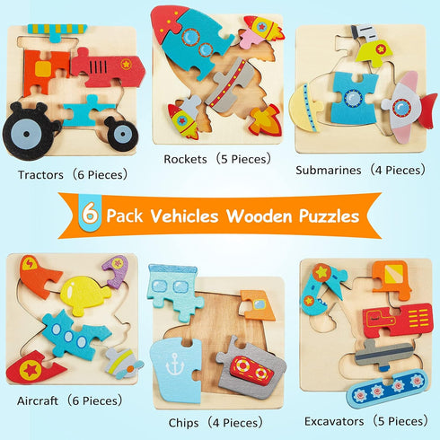 6 Pack Wooden Puzzles for Toddler 1-3 Years Old Wood Jigsaw Puzzles for Boys Montessori Games and Educational Toys for Kids Wooden Toddler Puzzles...