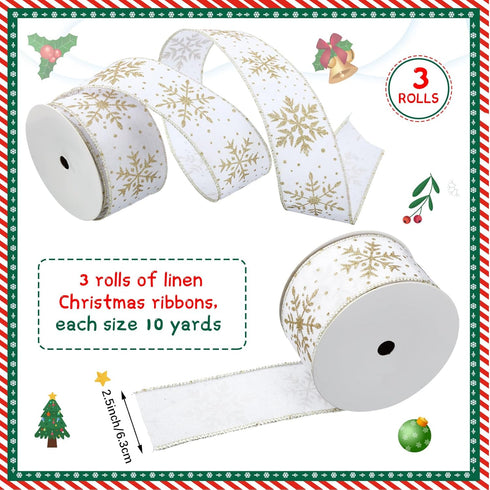 Cindeer 3 Rolls 2.5 Inch 30 Yards Christmas Snowflake Wired Ribbon Glittered Snowflake Wired Edge Ribbon Christmas Ribbon for Tree Gift Wrapping H...