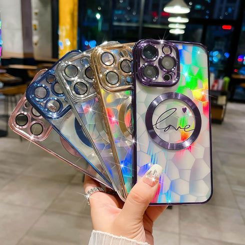 MGQILING iPhone 15 pro max case, Magnetic phone case, Laser Polygon Love Heart Pattern Plating Case, Compatible with MagSafe for Women Girls Shock...