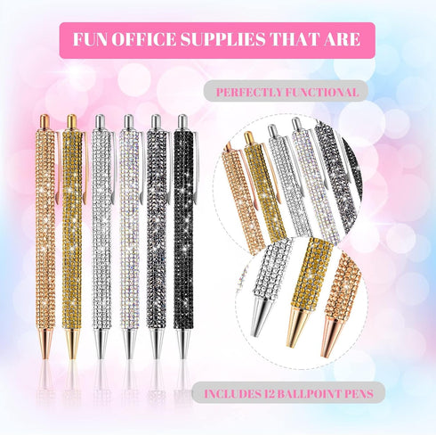 12Pcs Rhinestone Pens Bling Metal Ballpoint Diamond Pens Bulk Fancy Sparkly Crystal Press Retractable Black Ink 0.7mm For Women Office Meeting Bir...