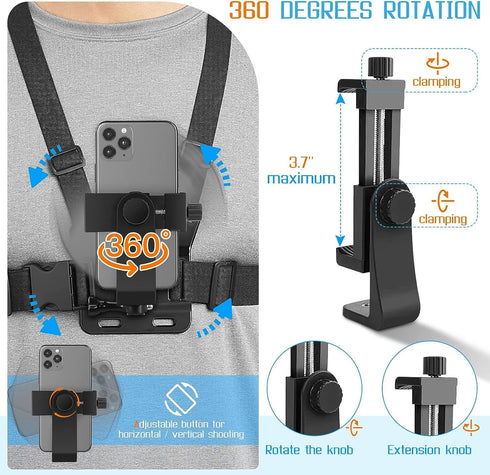 Mobile Phone Chest Mount Harness Strap Cell Phone Holder Mount for Video Recording Bike/Kayak/Fishing/Skateboard POV/VLOG for iPhone/Samsung for G...