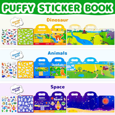 Reusable Sticker Book for Kids, 3 Sets Themed Activity Books with Puffy Stickers for Toddlers Boys Girls 3 4 5 Preschool Educational Learning Toys...