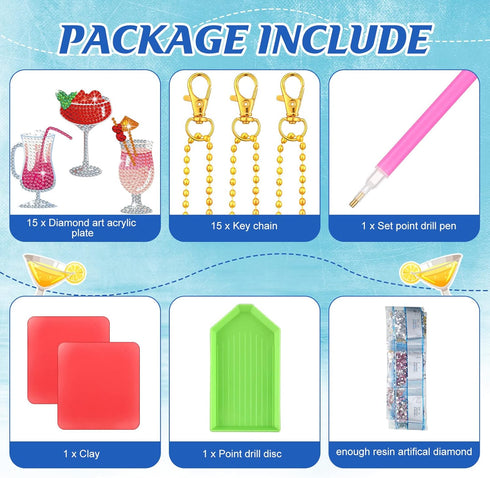Henoyso 20 Pcs Summer Diamond Painting Keychain Kits Cocktail 5D Drill Mosaic Diamond Painting Ornaments Diamond Painting Kits for Beginners Diamo...