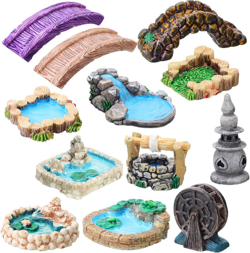 12 Pcs Garden Accessories Miniature Bridge Mini Lighthouse Water Well Bridge Figurines Pond Lawn Garden Ornament Figurines for DIY Craft Garden De...