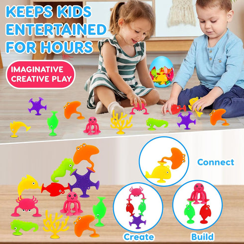 Toddler Suction Bath Toys: 18PCS Ocean Silicone Suction Cup Toys with Eggshell & Bag No Hole Mold Free Bathtub Shower Toys for Kids Ages 1-3 4-8 S...