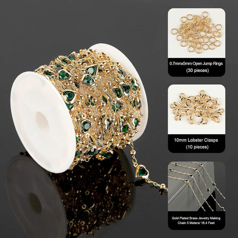 YOUBEIYEE Green Rhinestone Heart Chain for Jewelry Making, Gold Plated Brass Ball Bead Necklace Chain Bulk with Junp Rings and Lobster Clasps...