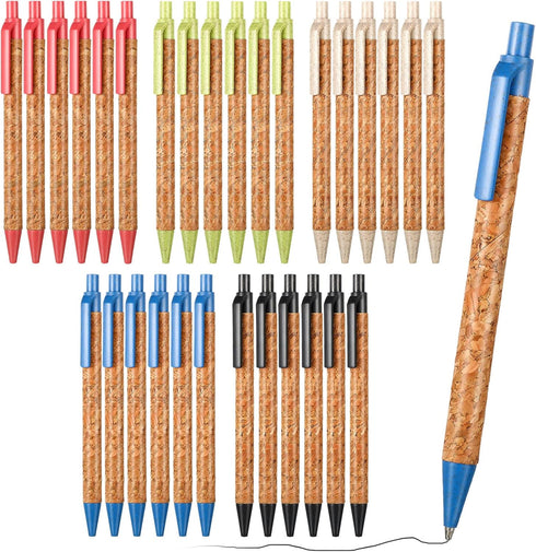 CHENGU 30 Pack Wheat Straw Pens Cork Recycled Ballpoint Retractable Pens with Comfortable Grip Black Ink Click Office Supplies Pens for School Jou...