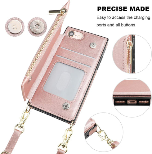 Bocasal Crossbody Wallet Case for iPhone SE 2022/SE 2020/7/8 with Card Holder,Zipper Card Slot Protector Shockproof Purse Cover with Removable Cro...