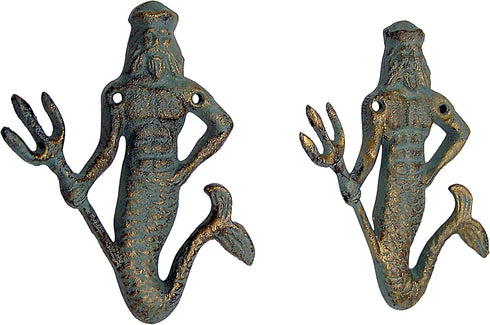 Wowser Green Cast Iron King Neptune Wall Hooks, Set of 2, 6.5 Inches...