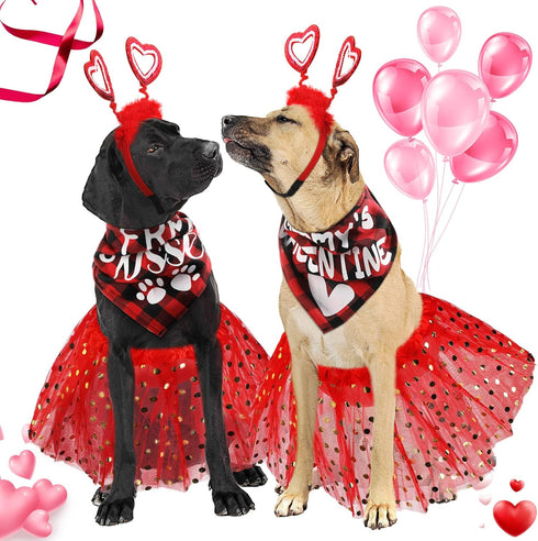 6 Pcs Valentines Day Dog Costume Set Including 2 Pcs Red Heart Headband 2 Pcs Buffalo Plaid Pet Bandana 2 Pcs Red Tutu Skirt, Cupid Headband Dog T...