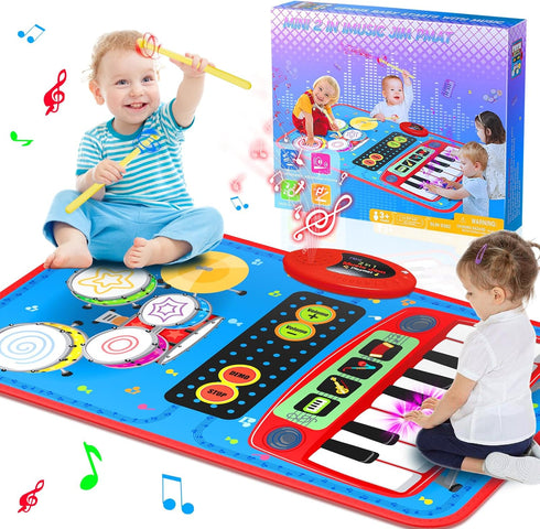 2-in-1 Musical Mat Toys for 1 2 3 4 5 Year Old, Piano Keyboard & Drum Set with 2 Drum Sticks, Early Educational Musical Learning Toys Birthday for...