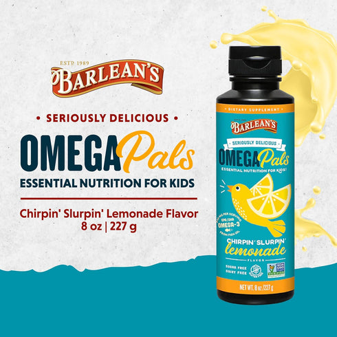 Barlean's Omega Pals Chirpin' Slurpin' Omega 3 for Kids, Yummy Lemonade Flavored Children's Liquid Fish Oil Supplement with 540 mg of EPA & DHA fo...