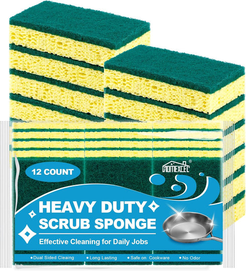 Heavy Duty Scrub Sponges Kitchen 12pcs,Dual Side Cleaning Dish Sponges for Non-Coated Cookware,Pocelain Bakeware and More...