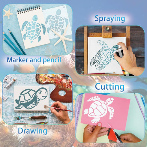 12 Pcs Sea Turtle Stencils, Ocean Creatures Animals Stencils Beach Template Stencils for Painting on Wood Wall Canvas Fabric Furniture Rocks Glass...