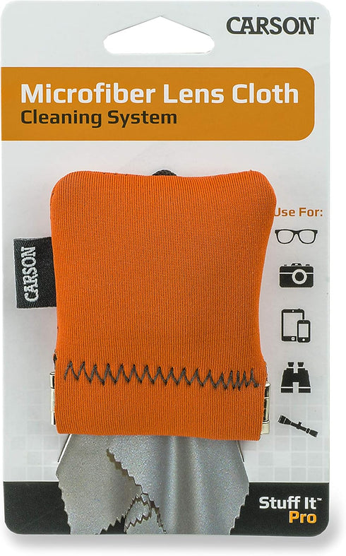 Carson Stuff-It Pro Microfiber Lens Cloth Cleaning System for Glasses, Smartphones, Tablets, Optics, Lenses, Cameras and More, 8.0'' x 8.0'' - Ora...