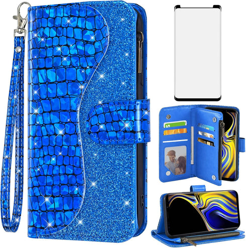 Asuwish Phone Case for Samsung Galaxy Note 9 Wallet Cover with Screen Protector and Wrist Strap Bling Glitter Leather Flip Zipper Credit Card Hold...