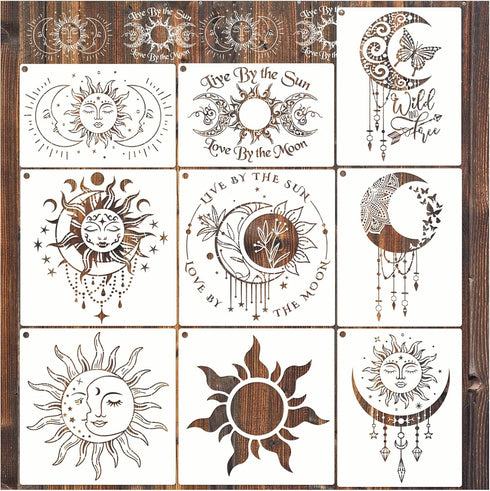 9 Pieces Large Mandala Sun and Moon Stencil Butterfly Flower Tree Paint Stencils for Crafts Reusable Templates Star Stencils for Painting Wood Wal...
