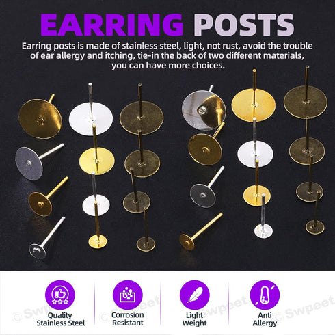 Swpeet 3053Pcs 3 Colors 4mm 6mm 8mm 10mm Earring Making Kit, Including Earring Posts, Gold Earring Backs, Open Jump Rings, Needle Nose Pliers, Elb...