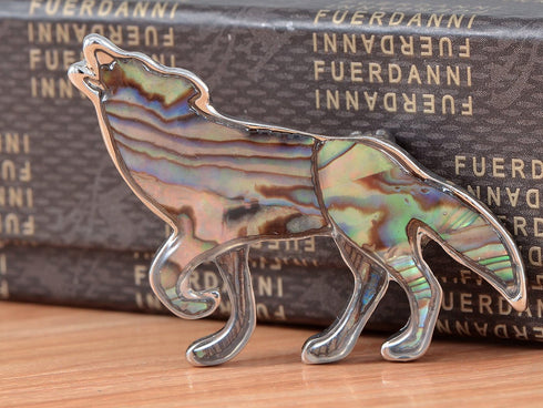 Alilang Silver Tone Abalone Multi Colored Stone Iridescent Wolf Coyote Brooch Pin...