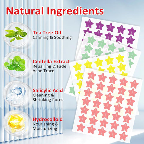 280 Counts Acne Patches for Face,Hydrocolloid Pimple Patches with Salicylic Acid,Tea Tree Oil and Centella Extract,Cute Star Zit Cover Patches,Col...