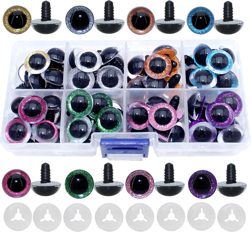 ARTCXC 1Box(64pcs) 16mm 8Colors Plastic Safety Eyes Glitter Craft Eyes with Washers for Doll Teddy Bear Puppet Toy Plush Animal and DIY Craft Maki...