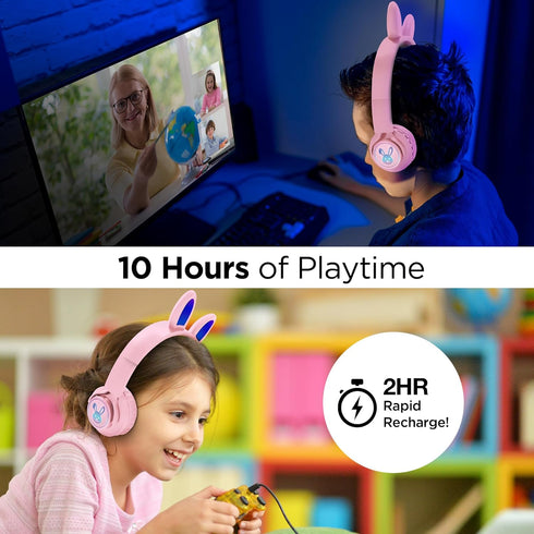 HyperGear Bunny Ears Bluetooth Wireless Headphones - Kids Portable/Foldable LED Light Up Over Ear Headset w/Built-in Mic & Controls for iPhone, iP...