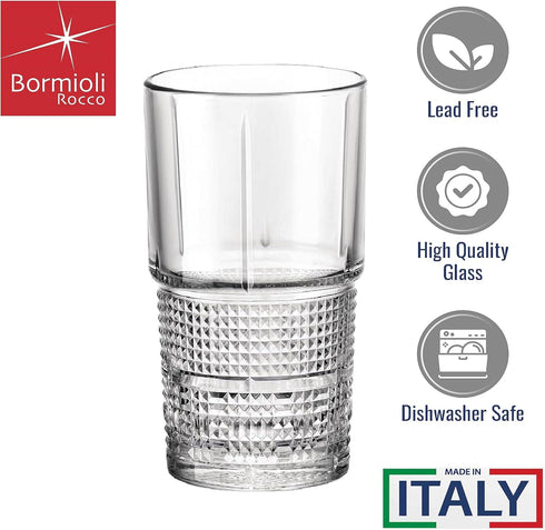 Bormioli Rocco Bartender Novecento Stackable 13.75 oz. Hi-Ball Drinking Glass for Mixed Cocktails, Clear, Set of 4...