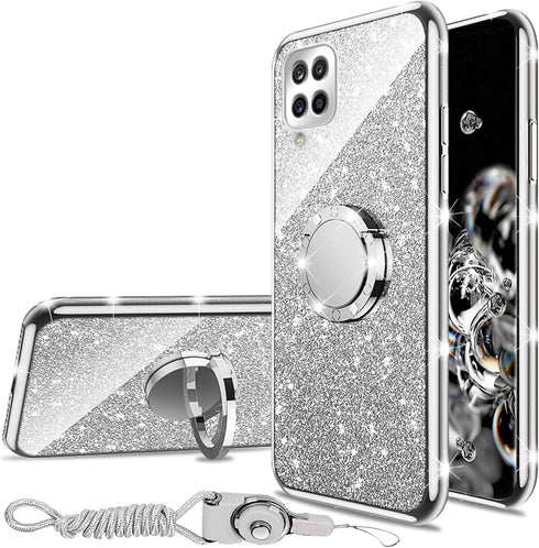 nancheng for Samsung Galaxy A12 5G Case Cute Girls Women Glitter TPU Phone Cover with Diamond Ring Stand & Strap Lanyard Shockproof Protection Cas...